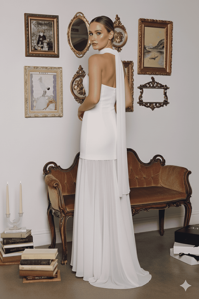 S White Strapless Satin Chiffon Maxi Bridal Dress