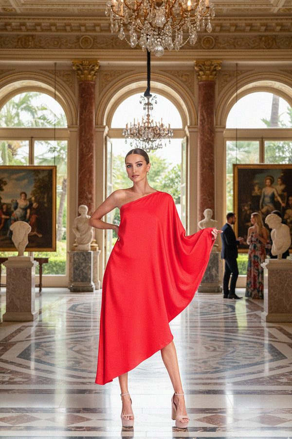 Designer Red Midi Dress | One Shoulder Dress - Shahida Parides Custom Designer Red Midi Dress | One Shoulder Dress - Shahida Parides Custom