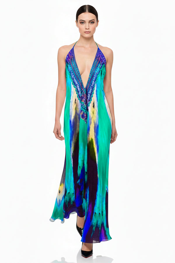 Ocean Watercolor Deep V Halter Maxi Dress | Shahida  Shahida Parides