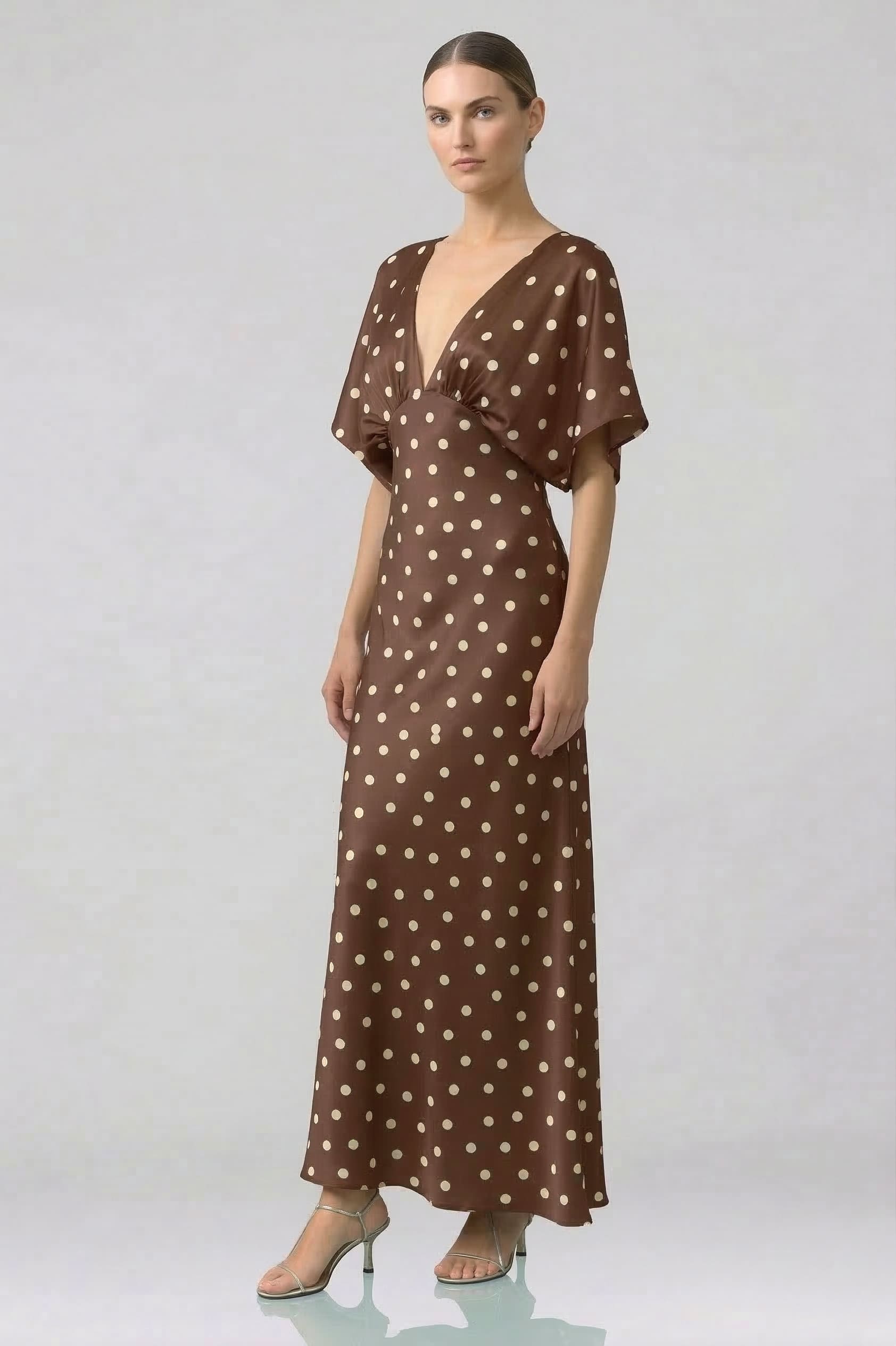 Standard / XS Brown Polka Dot Deep-V Flutter-Sleeve Satin A-Line Wedding Guest Dress