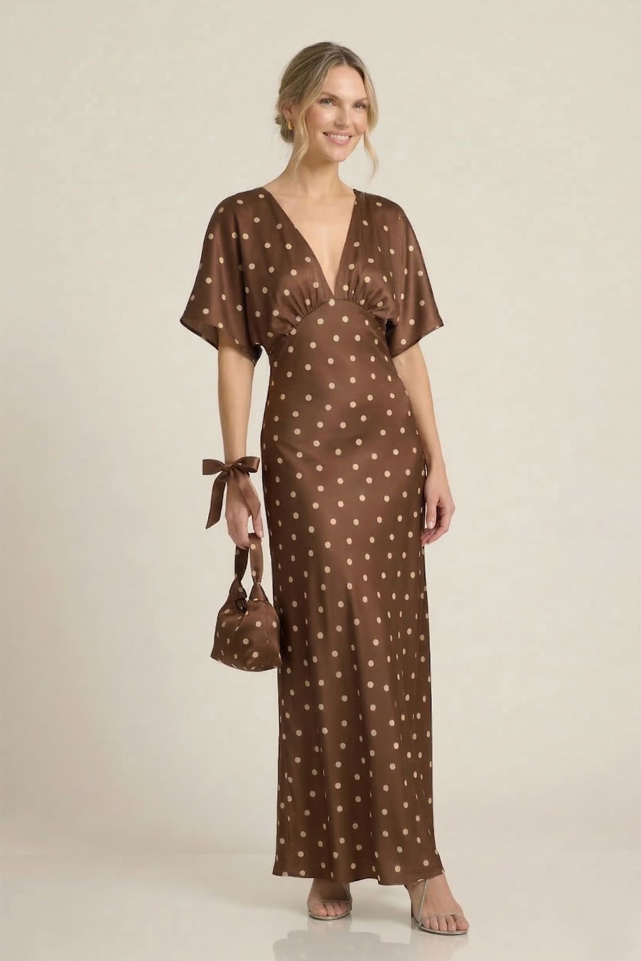 S Brown Polka Dot Deep-V Flutter-Sleeve Satin A-Line Wedding Guest Dress