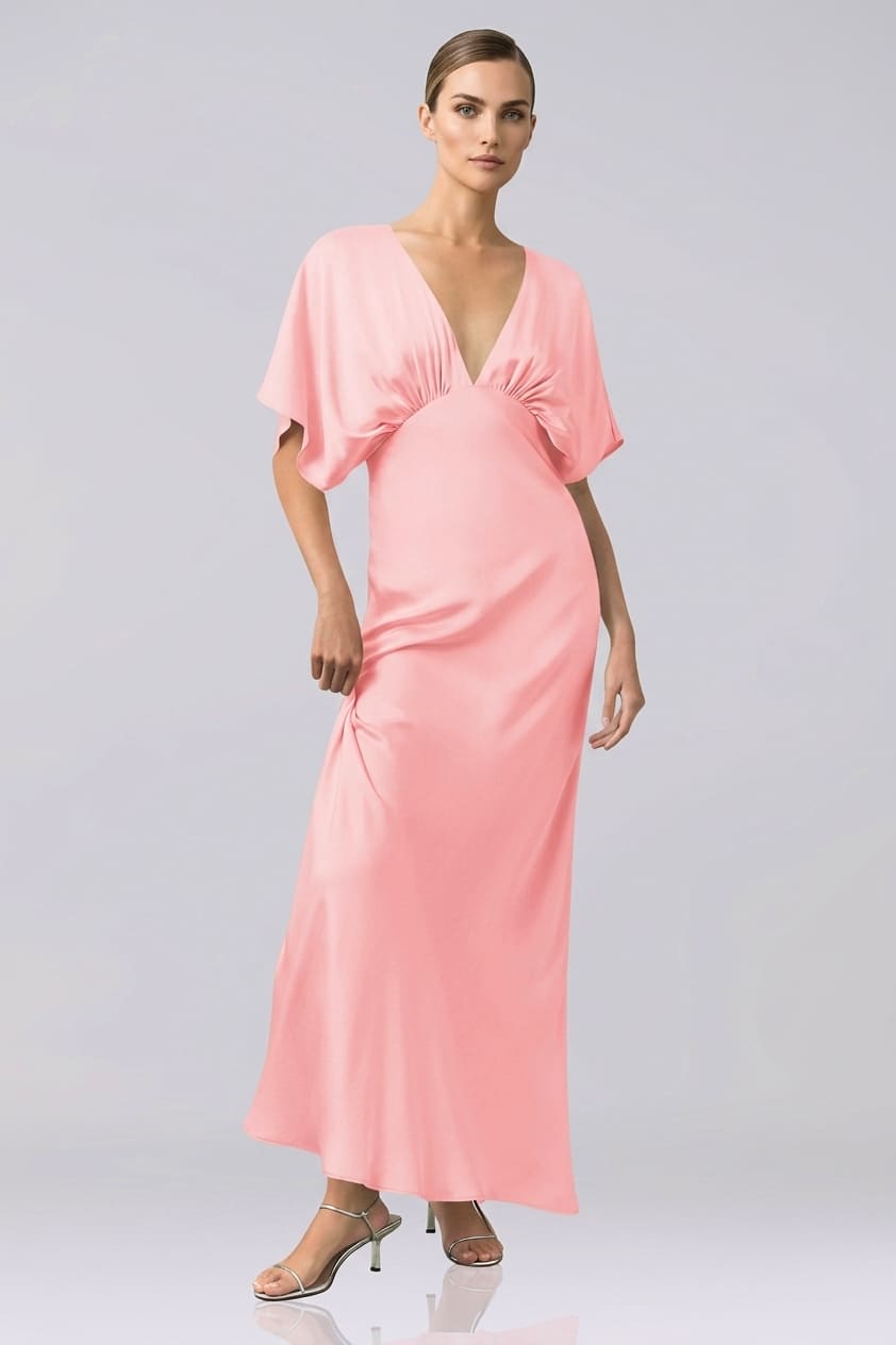Standard / XS Shasi Blush Pink Satin V-Neck Bridesmaid Dress with Flutter Sleeves - Garden Wedding Dress Standard / XS Shasi Blush Pink Satin V-Neck Bridesmaid Dress with Flutter Sleeves - Garden Wedding Dress