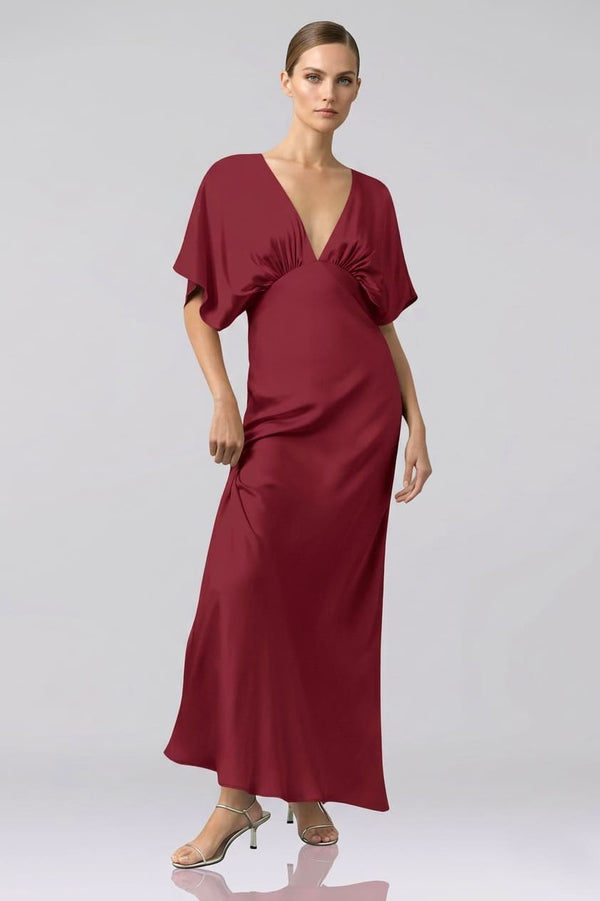 Burgundy Bridesmaid Deep V Flutter Sleeve Satin A-Line Gown | Shahida Shahida Parides Burgundy Bridesmaid Deep V Flutter Sleeve Satin A-Line Gown | Shahida Shahida Parides