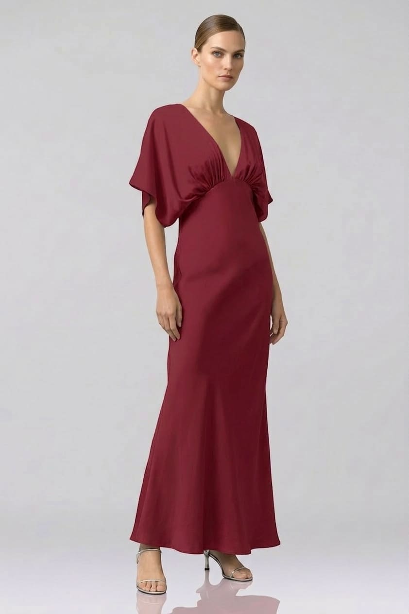 Burgundy Bridesmaid Deep V Flutter Sleeve Satin A-Line Gown | Shahida Shahida Parides Burgundy Bridesmaid Deep V Flutter Sleeve Satin A-Line Gown | Shahida Shahida Parides