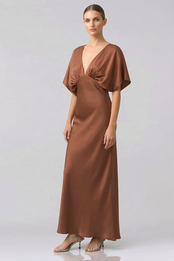 Shasi Chocolate Deep-V Flutter-Sleeve Satin A-Line Gown |Shahida Shahida Parides Shasi Chocolate Deep-V Flutter-Sleeve Satin A-Line Gown |Shahida Shahida Parides