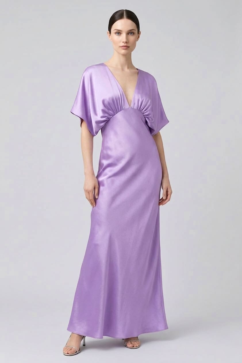 Standard / XS Shasi Lavender Deep-V Flutter-Sleeve Satin A-Line Gown- Modern Formal Wear