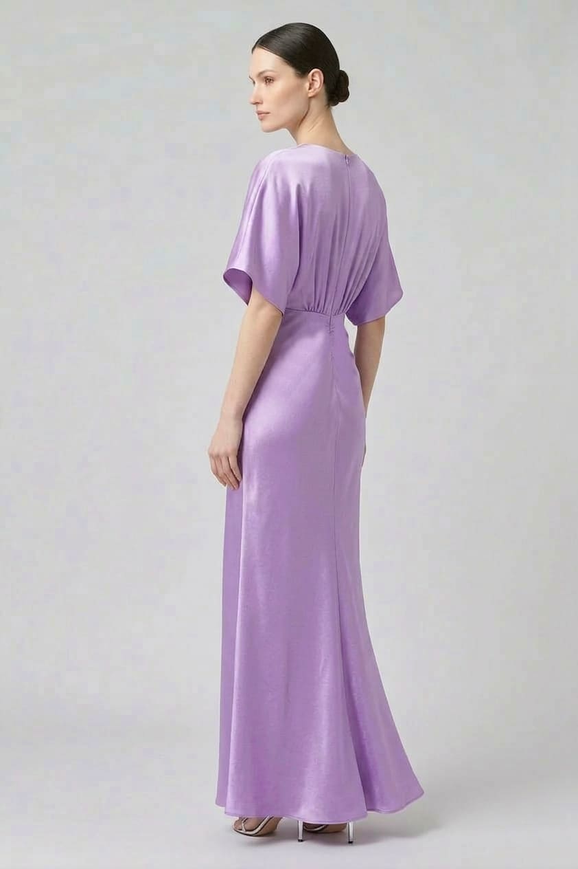 Standard / XS Shasi Lavender Deep-V Flutter-Sleeve Satin A-Line Gown- Modern Formal Wear Standard / XS Shasi Lavender Deep-V Flutter-Sleeve Satin A-Line Gown- Modern Formal Wear