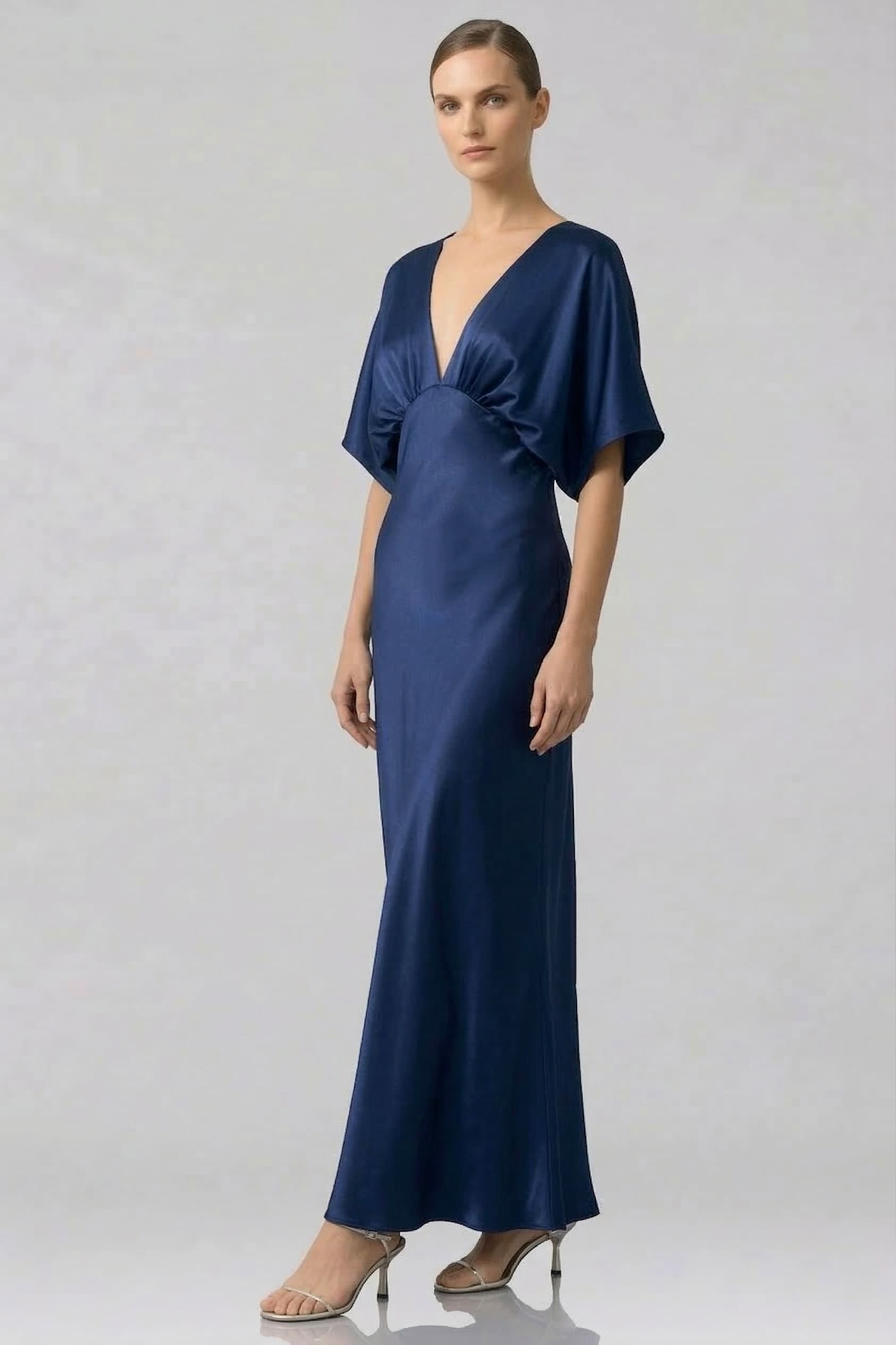 Midnight Navy Deep V Satin Bridesmaid Dress | Flutter Sleeve | Shahida   Shahida Parides