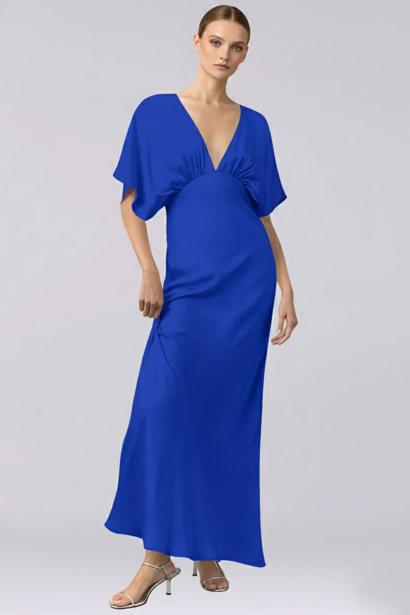 Sapphire Blue Deep-V Satin Bridesmaid Dress | Flutter Sleeve