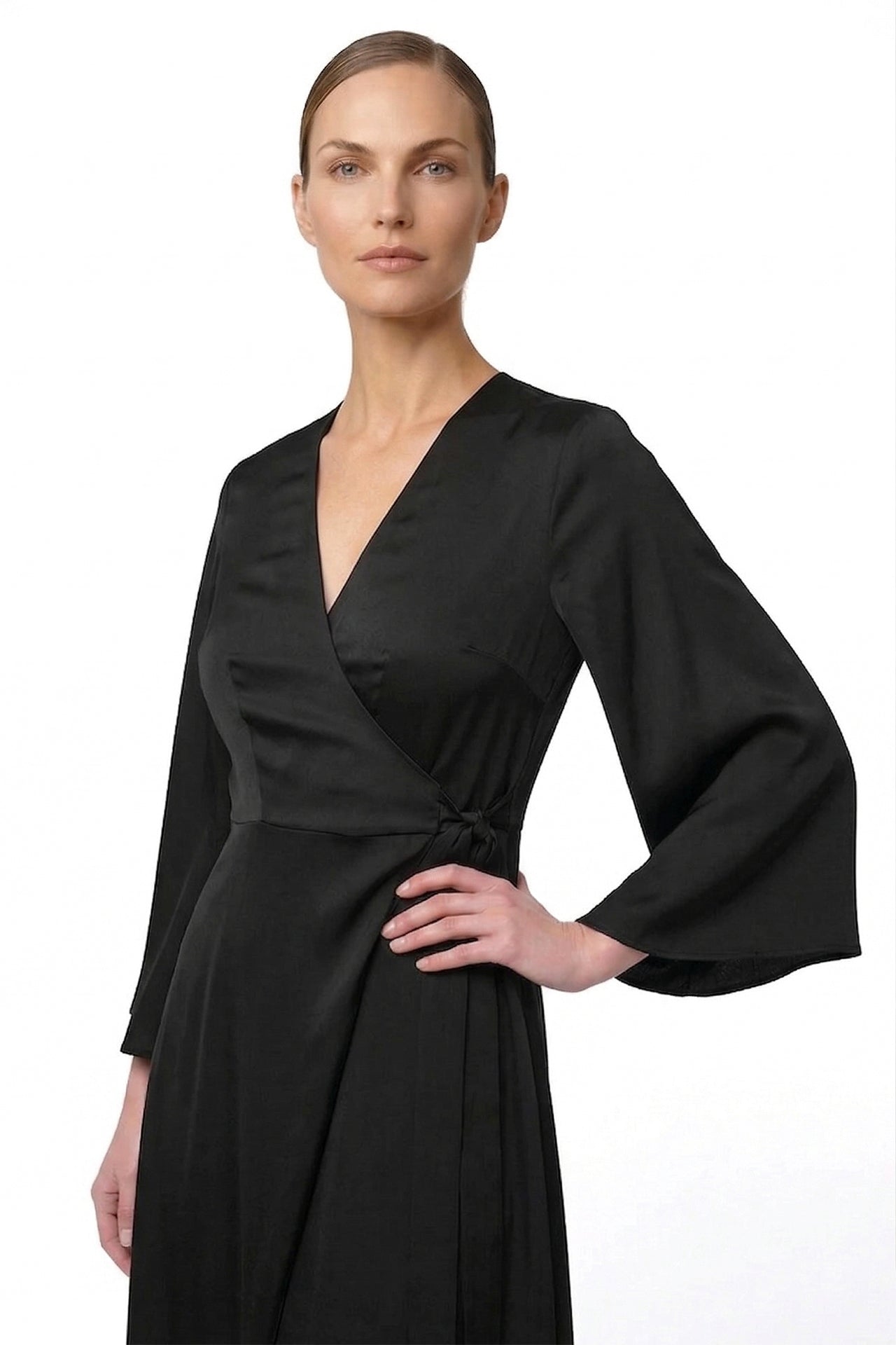 S Black Satin Wrap Bridesmaid Dress Elegant Maxi Bridal Party Dress by Shahida S Black Satin Wrap Bridesmaid Dress Elegant Maxi Bridal Party Dress by Shahida