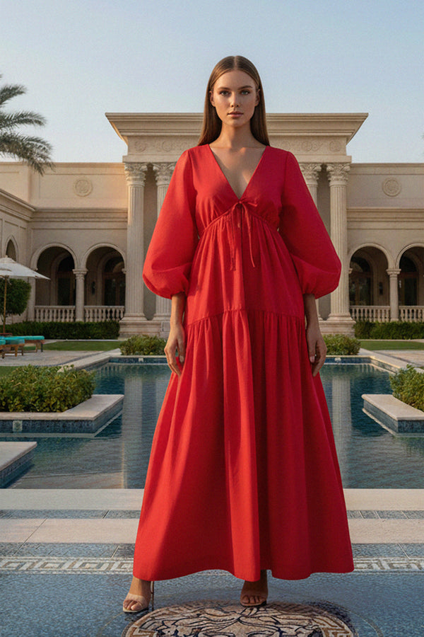 Puff Sleeve Maxi Dress in Red | Designer Long Maxi Dress Small Puff Sleeve Maxi Dress in Red | Designer Long Maxi Dress Small