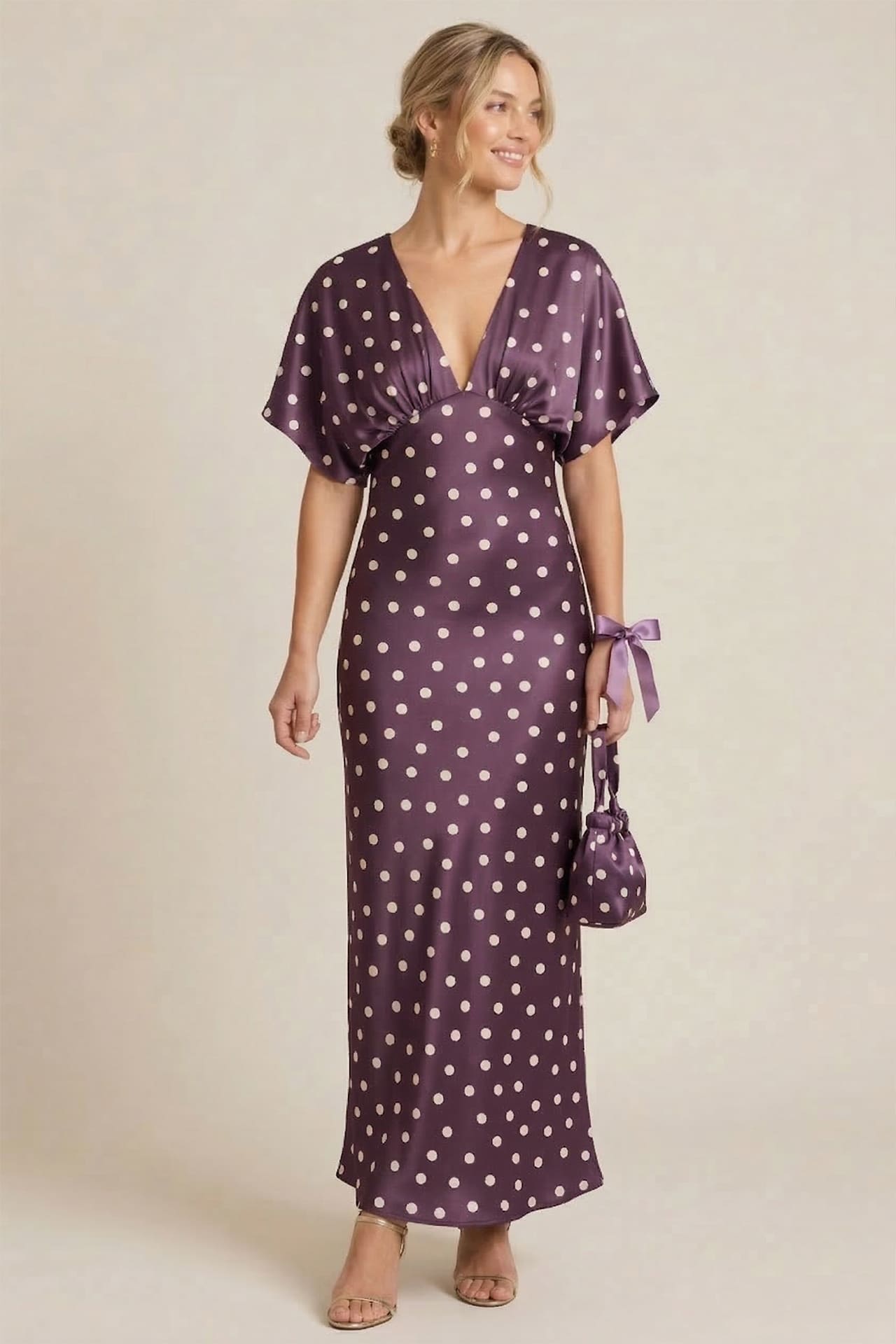 Standard / XS Plum Polka Dot Deep-V Flutter-Sleeve Satin A-Line Wedding Guest Dress