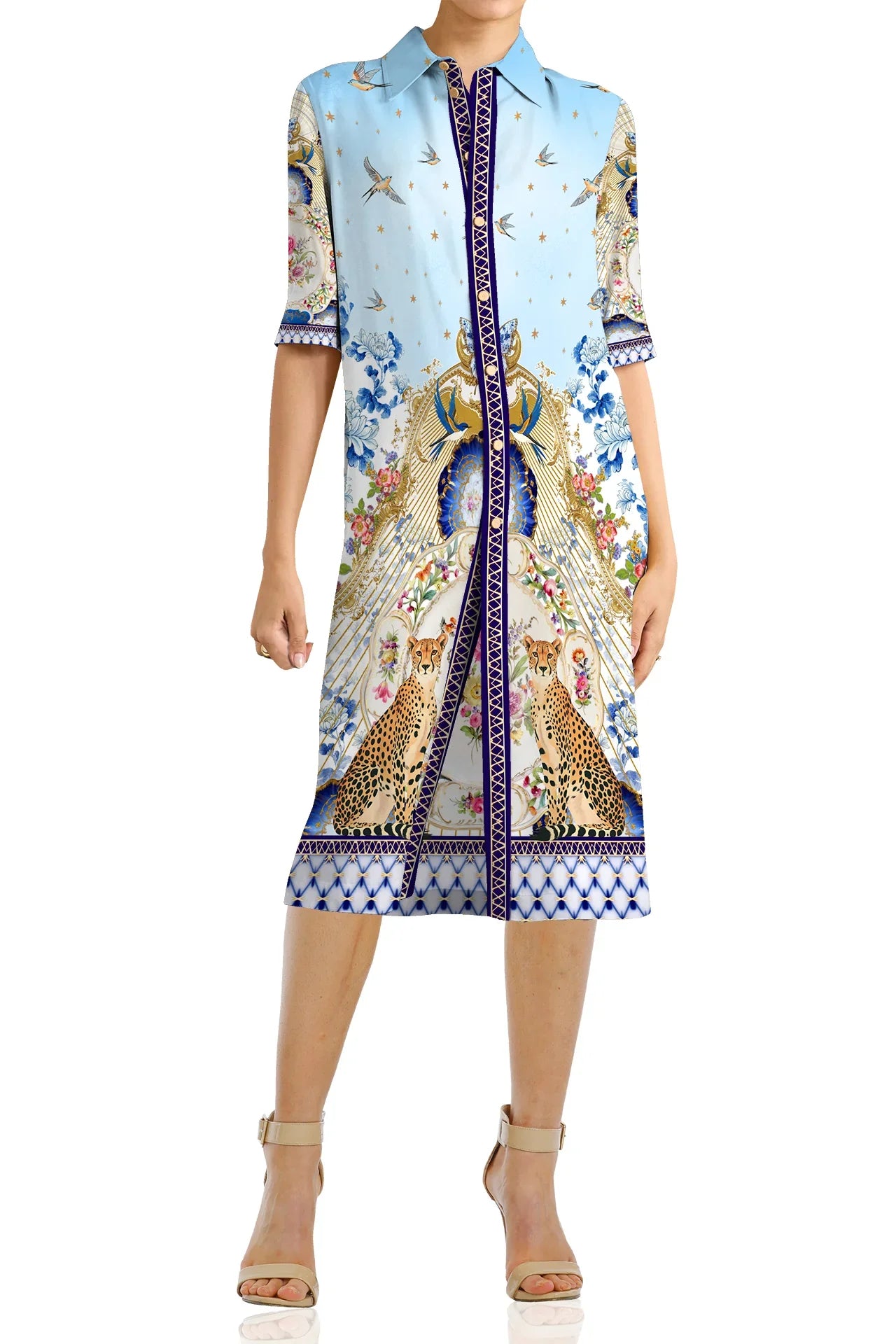 S Stylish Blue Shirt Dress Womens