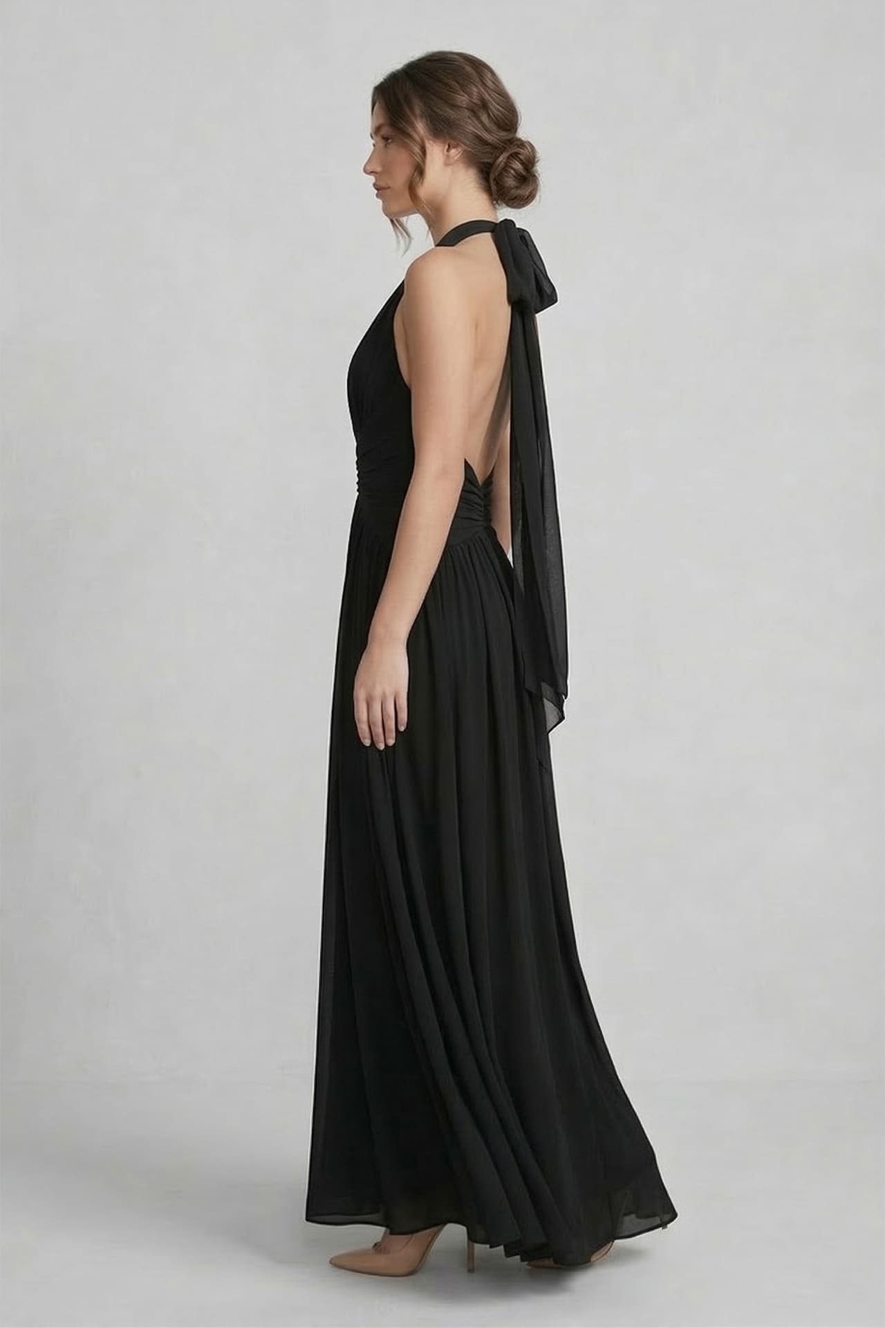 black chiffon dress bridesmaid Black Flutter Sleeves Lace Chiffon Bridesmaid Gown