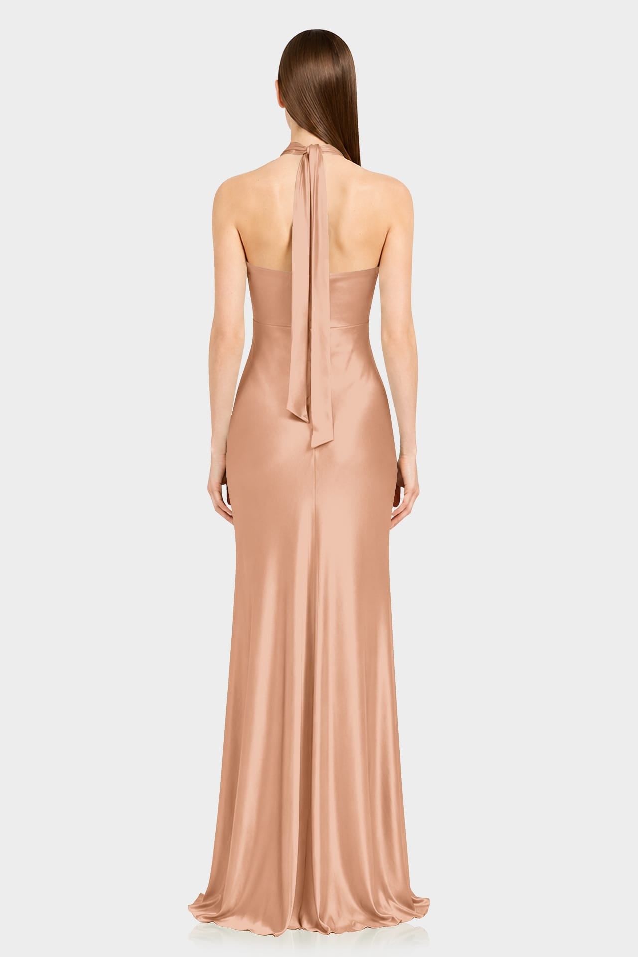 S Twisted Front Cut Out Bronze Satin Maxi Dress