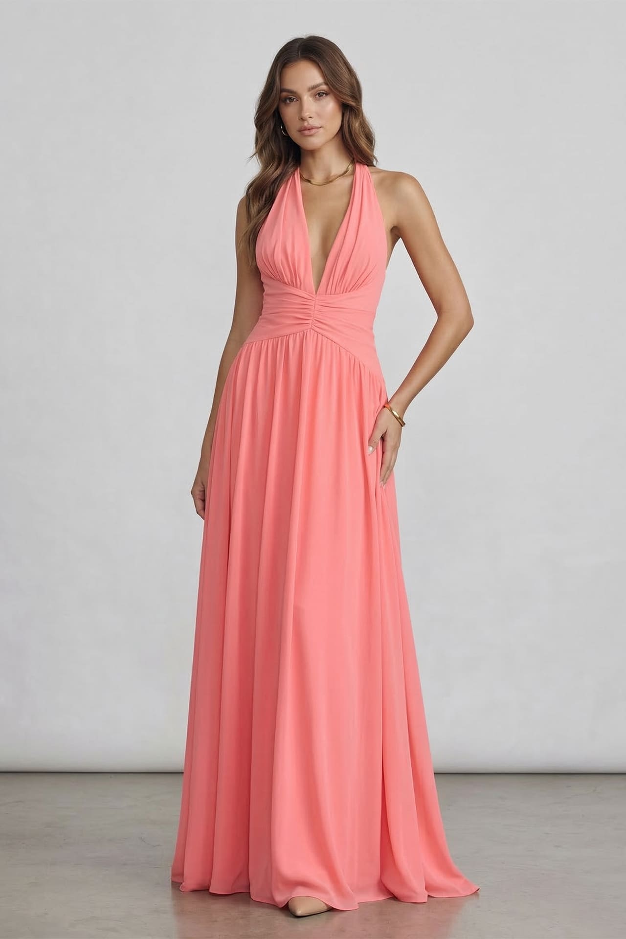 S Soft Coral Halter V-Neck Chiffon Bridesmaid Maxi Dress S Soft Coral Halter V-Neck Chiffon Bridesmaid Maxi Dress