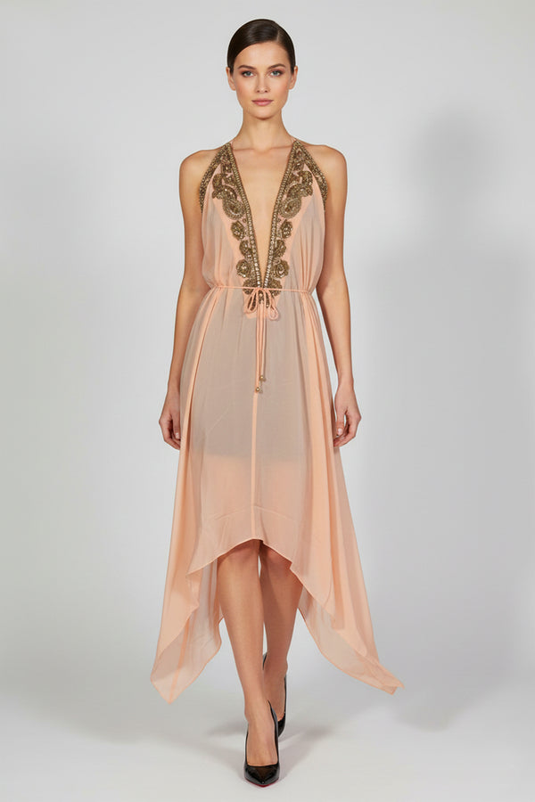 sachin and babi light blue dress Soft Coral Ornate Embroidered Midi Dress – Couture Style