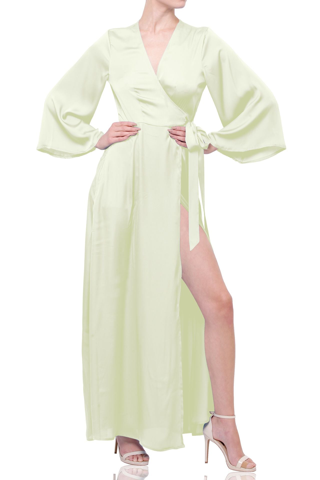 sage satin dress long sleeve S Soft Sage Satin Wrap Maxi Dress – Bridesmaid & Garden Wedding Dress