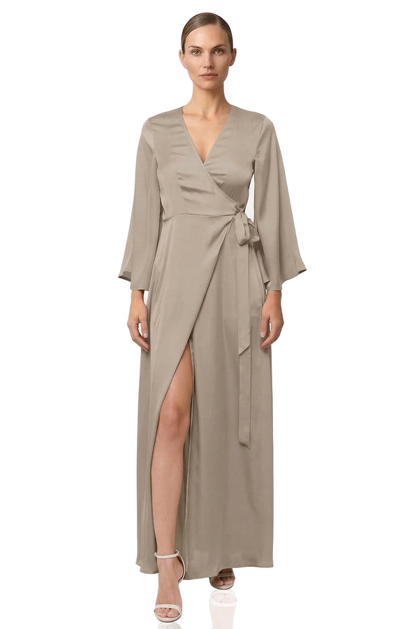Taupe Satin Wrap Maxi Bridesmaid Dress | Elegant Bridal Party Dress | Shahida Parides Taupe Satin Wrap Maxi Bridesmaid Dress | Elegant Bridal Party Dress | Shahida Parides