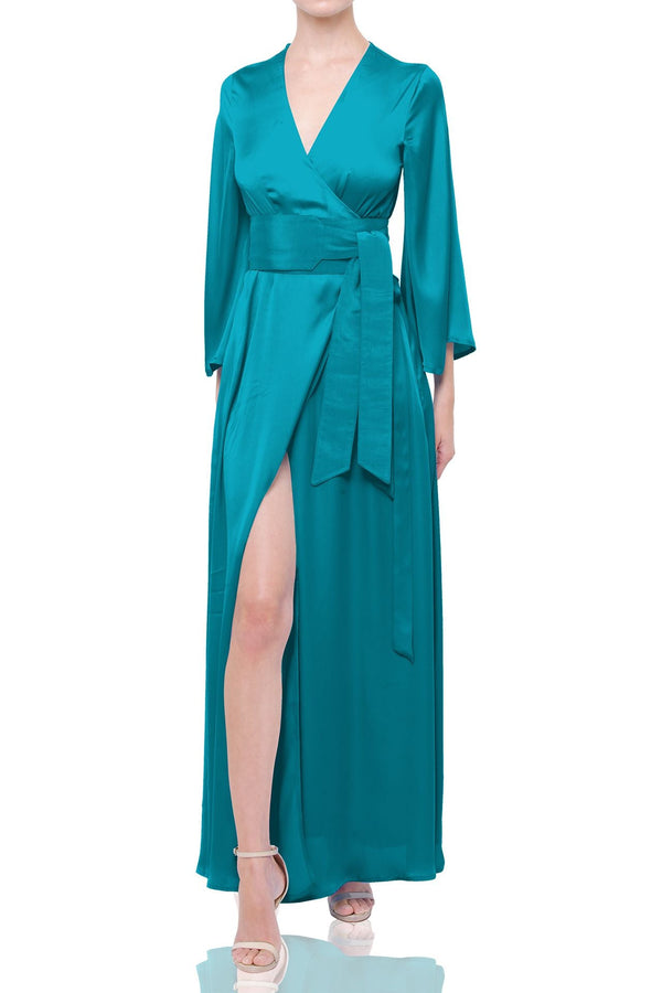S Teal Satin Wrap Maxi Dress with Slit – Long Sleeve Evening Gown