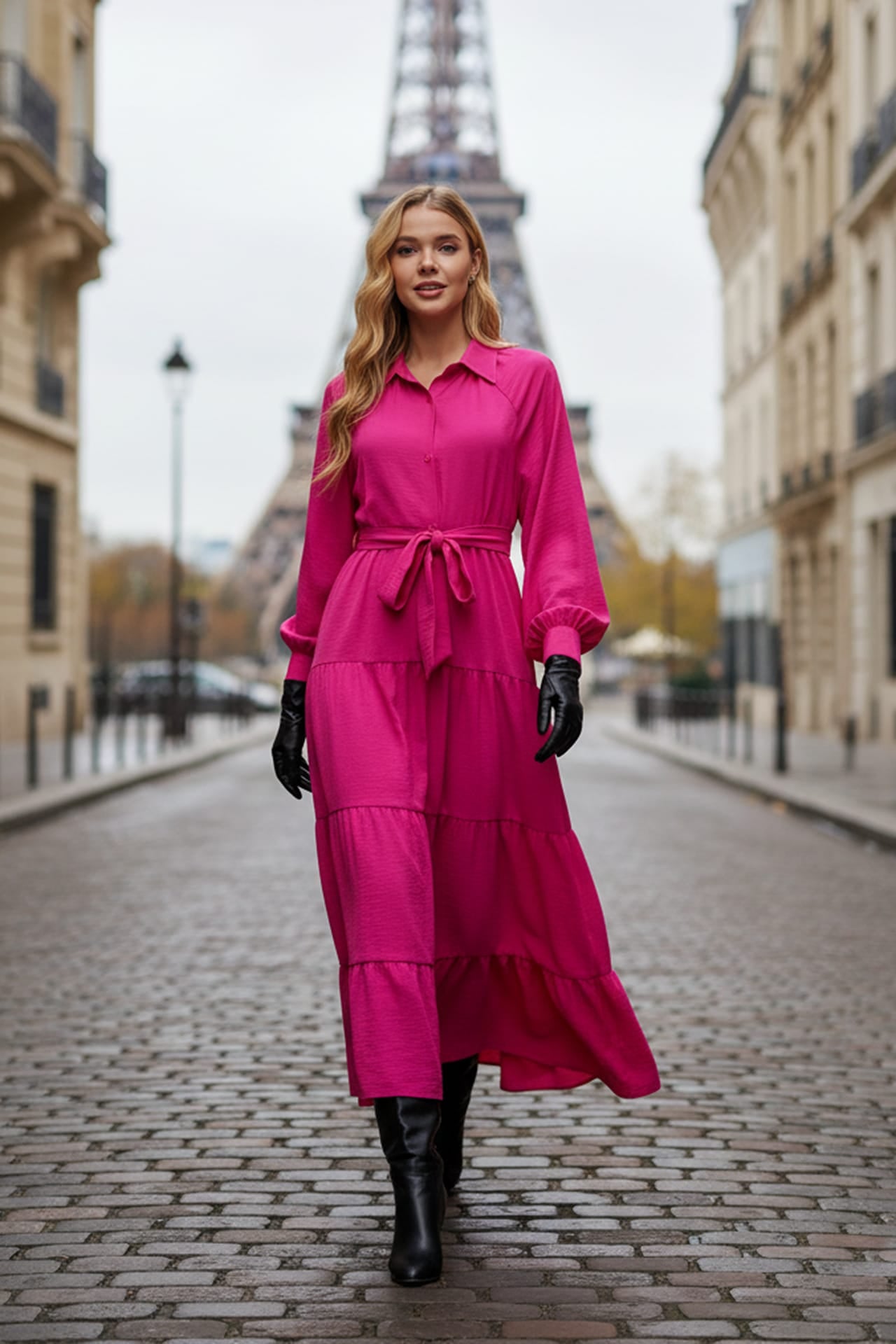 Flowy Tiered Maxi Shirt Dress with Belt
