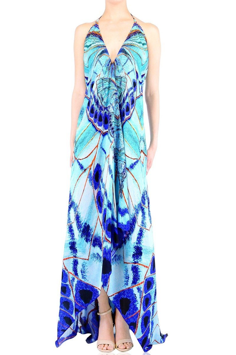  blue color maxi dress, long silk dress, Shahida Parides, halter maxi dress, long flowy dresses,