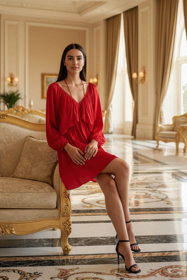S Designer Mini Red Dress With Sleeves S Designer Mini Red Dress With Sleeves