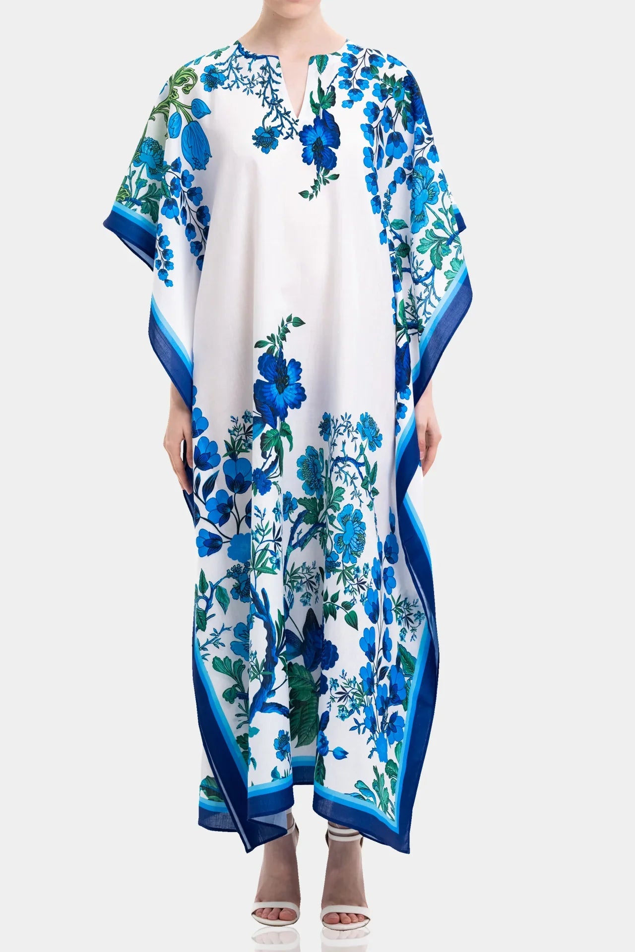 White Kaftan Maxi Dress with Blue Floral Print | Resort Wear