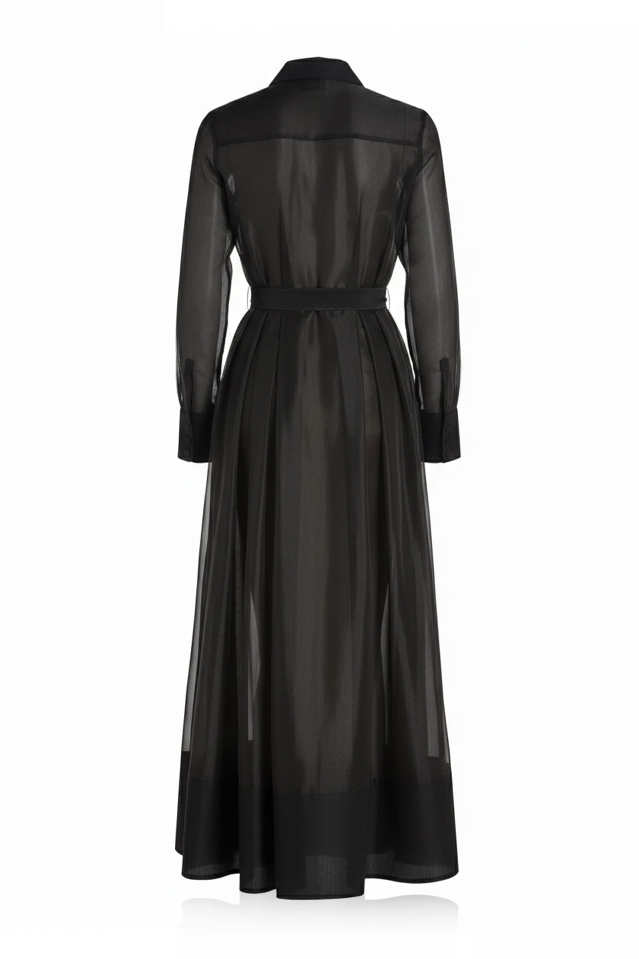S Midnight Black Sheer Silk Organza Belted Shirt Dress