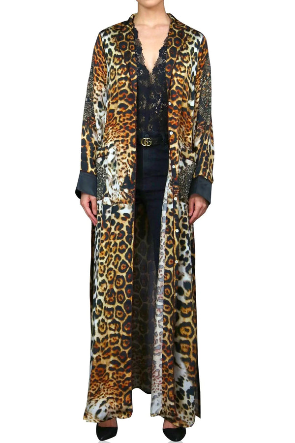 Designer Leopard Robe Womens | Long Silk Kimono Robe | Shahida Parides Small Designer Leopard Robe Womens | Long Silk Kimono Robe | Shahida Parides Small