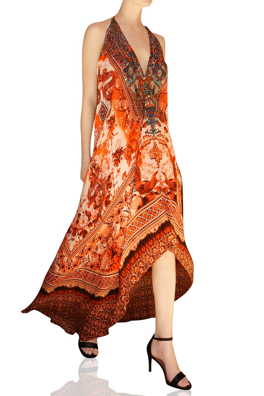   orange satin maxi dress, formal dresses for women, Shahida Parides, plunging neckline cocktail dress,