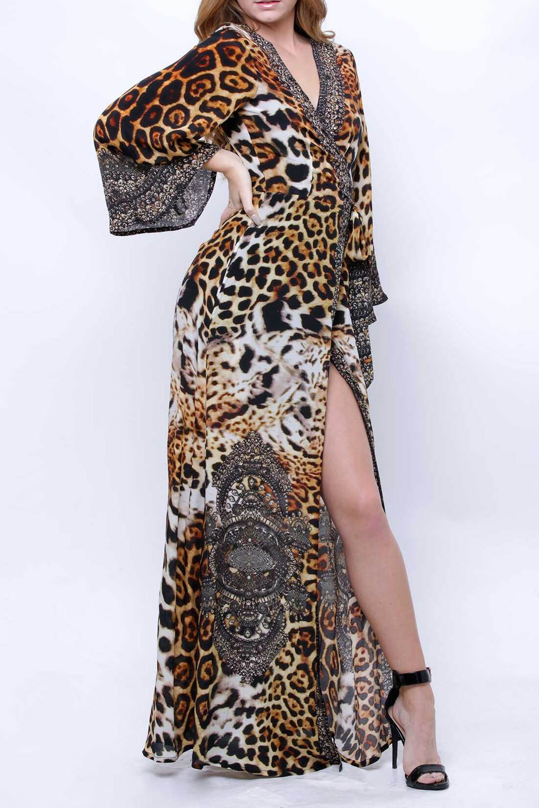"Shahida Parides" "floor length wrap dress" "long wrap dress" "leopard print dress wrap"