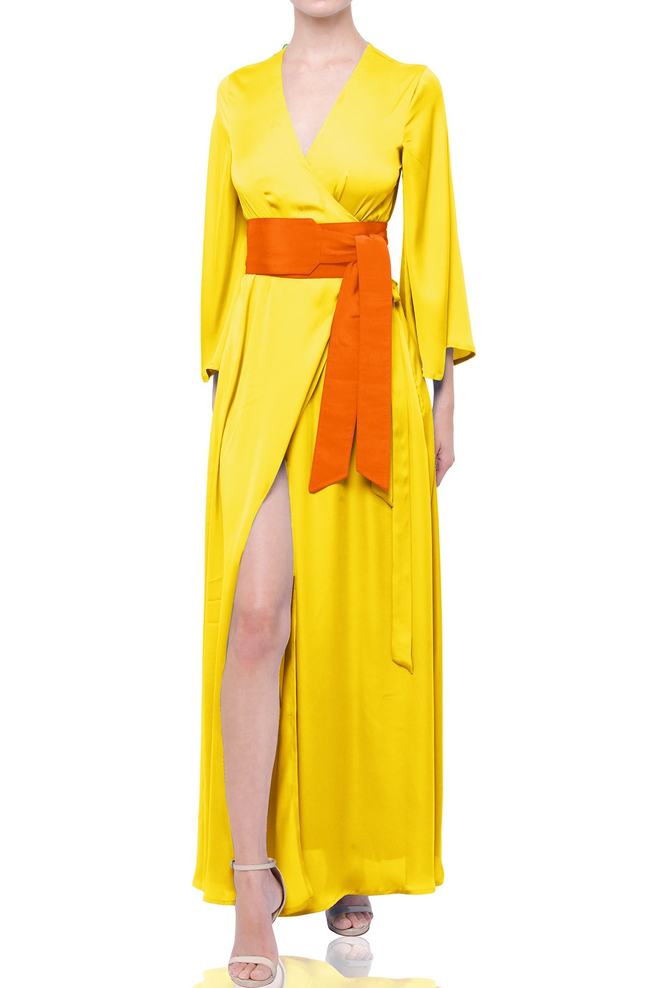 S Lemon Yellow Satin Wrap Maxi Bridesmaid Dress  Spring Summer Wedding Gown