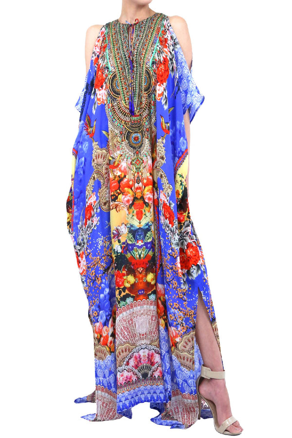 Printed Long Designer Kaftan Dress in Blue