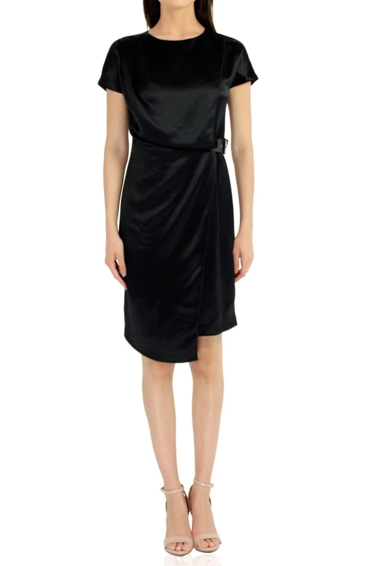 black designer mini dress Belted In where a fitted bodice Length:64