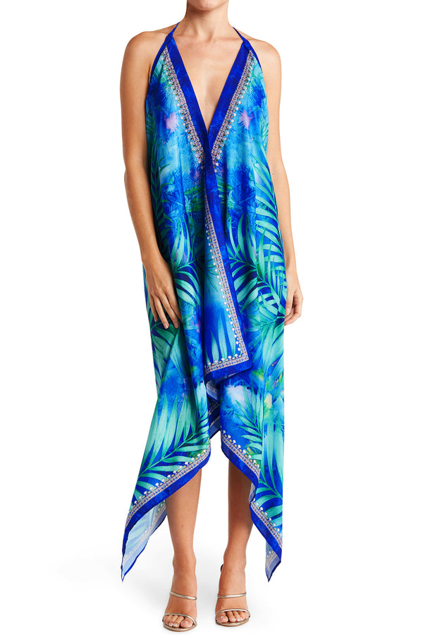 Blue Scarf Dress in Palm Print