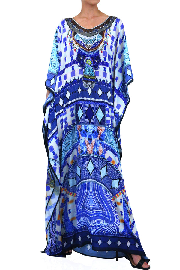 Blue Printed Long Kaftan Dress
