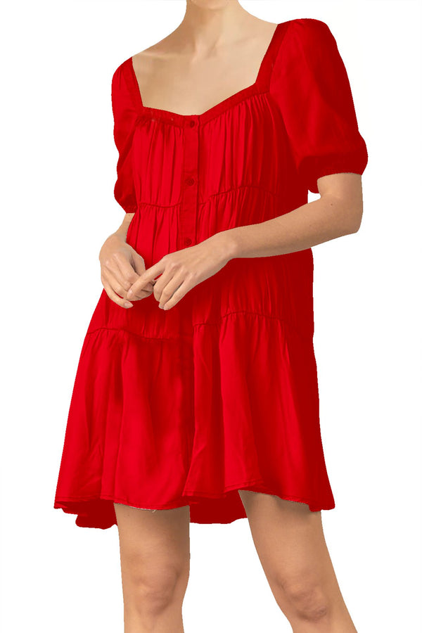 Half Sleeve Short Dress in Solid Red
