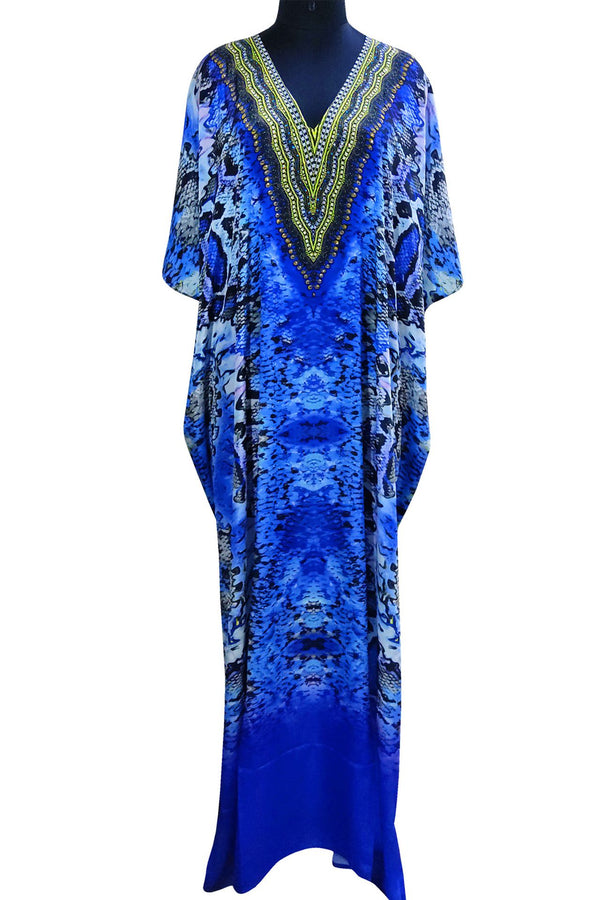 Printed Long Kaftan Dress in Illusion Blue