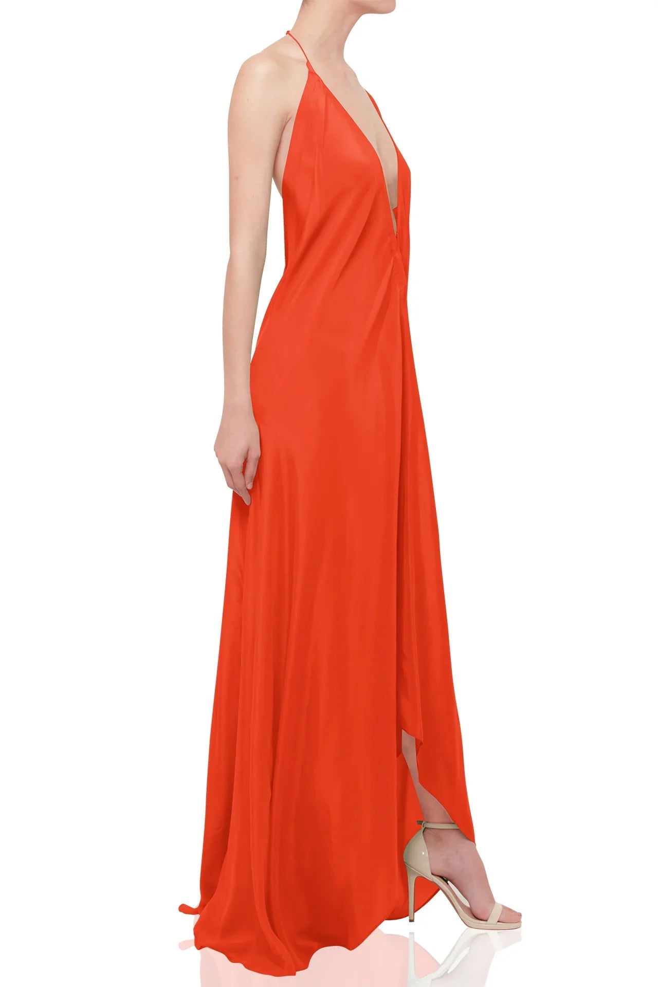 strapless open back dress Sunset Orange Silk Handkerchief Hem Maxi Dress