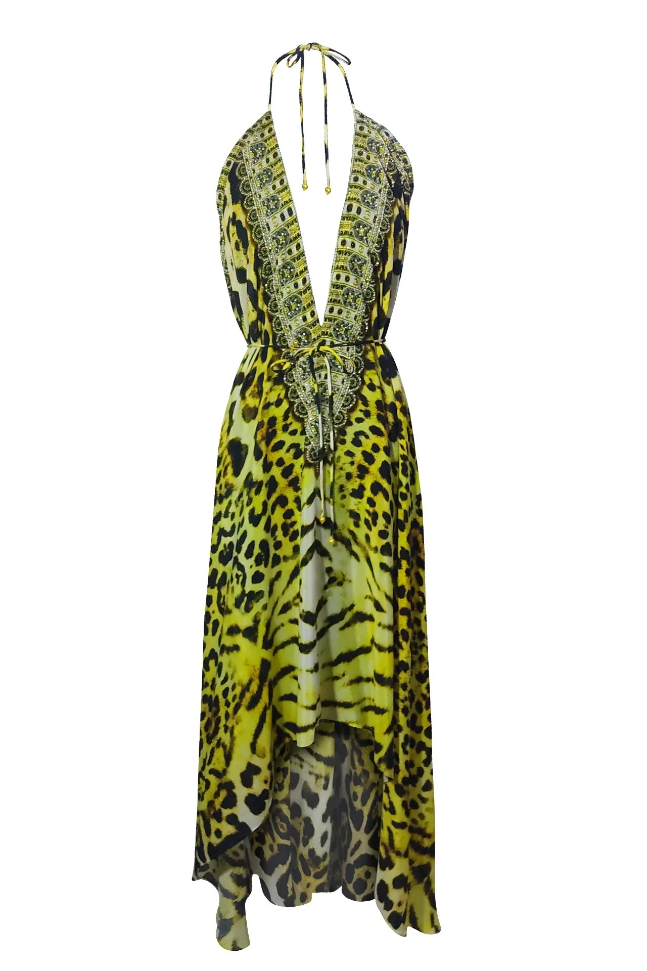 Lime Leopard Embellished Halter Maxi Dress