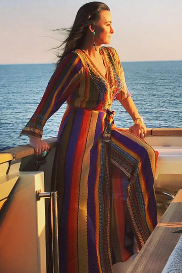 rainbow striped maxi dress As Seen on Kyle Richards Rainbow Stripe Print Wrap Dress