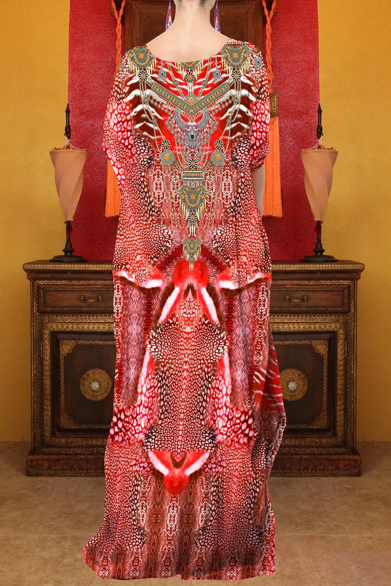 One Size Red Tribal Embellished Kaftan Maxi Dress