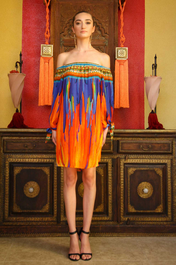 Blue and Orange Feather Print Shift Dress
