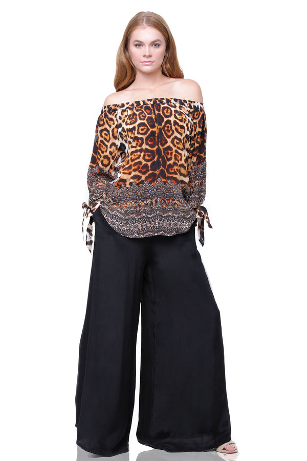 Off the Shoulder Long Sleeve Blouse in Leopard