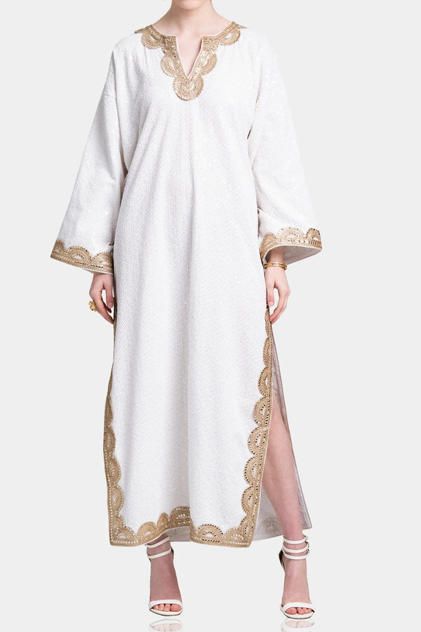 White Embellished Couture Kaftan Maxi Dress with Gold Detailing White Embellished Couture Kaftan Maxi Dress with Gold Detailing