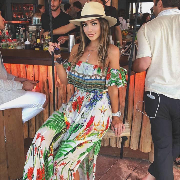 Farrah Britt Wore Shahida Parides Desert Print Off Shoulder Maxi Dress