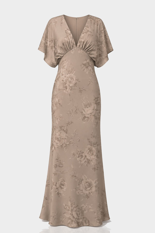Standard / XS Shasi Taupe Floral Bridesmaid Deep-V Flutter-Sleeve Satin A-Line Gown- Summer Wedding Dress