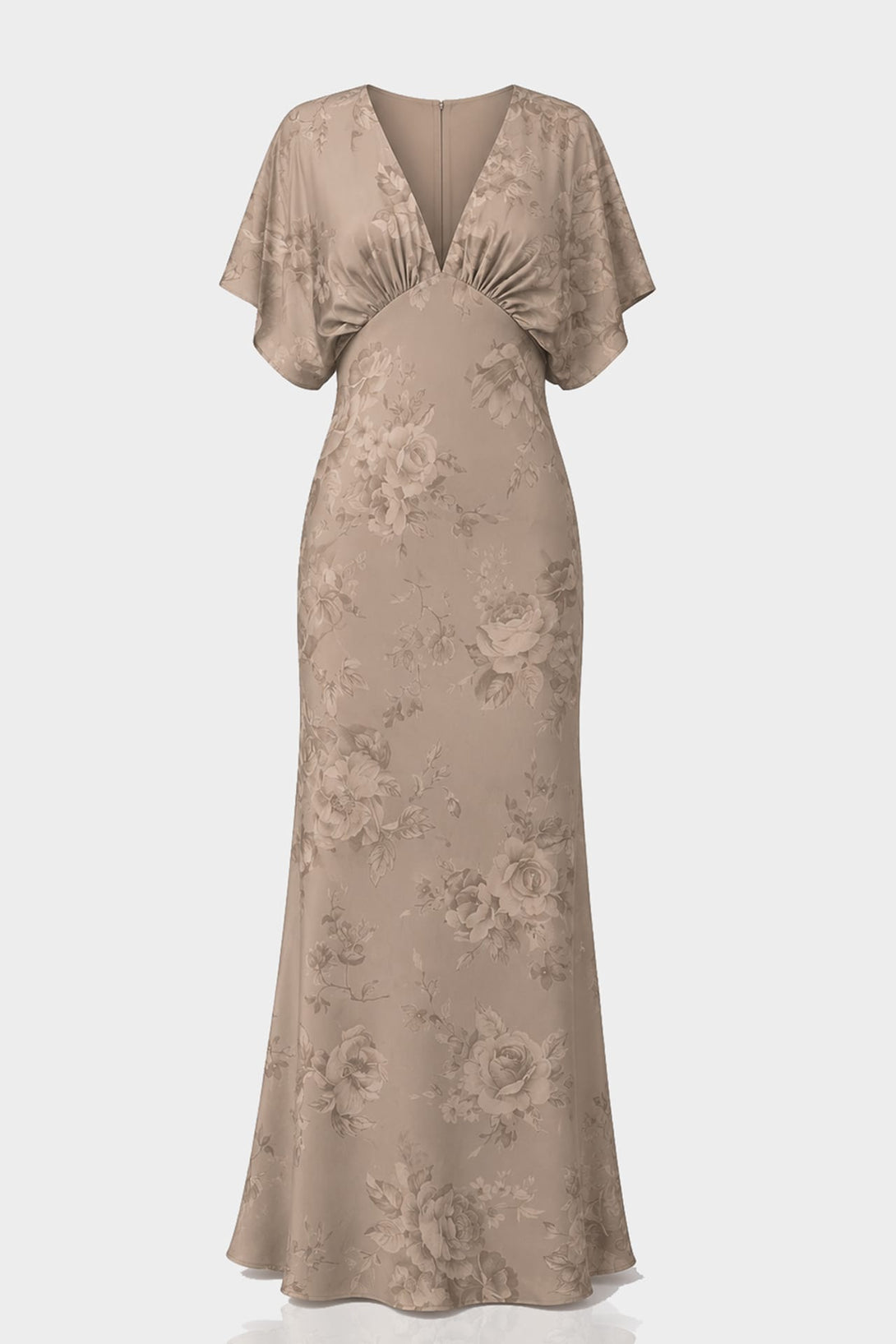 Standard / XS Shasi Taupe Floral Bridesmaid Deep-V Flutter-Sleeve Satin A-Line Gown- Summer Wedding Dress