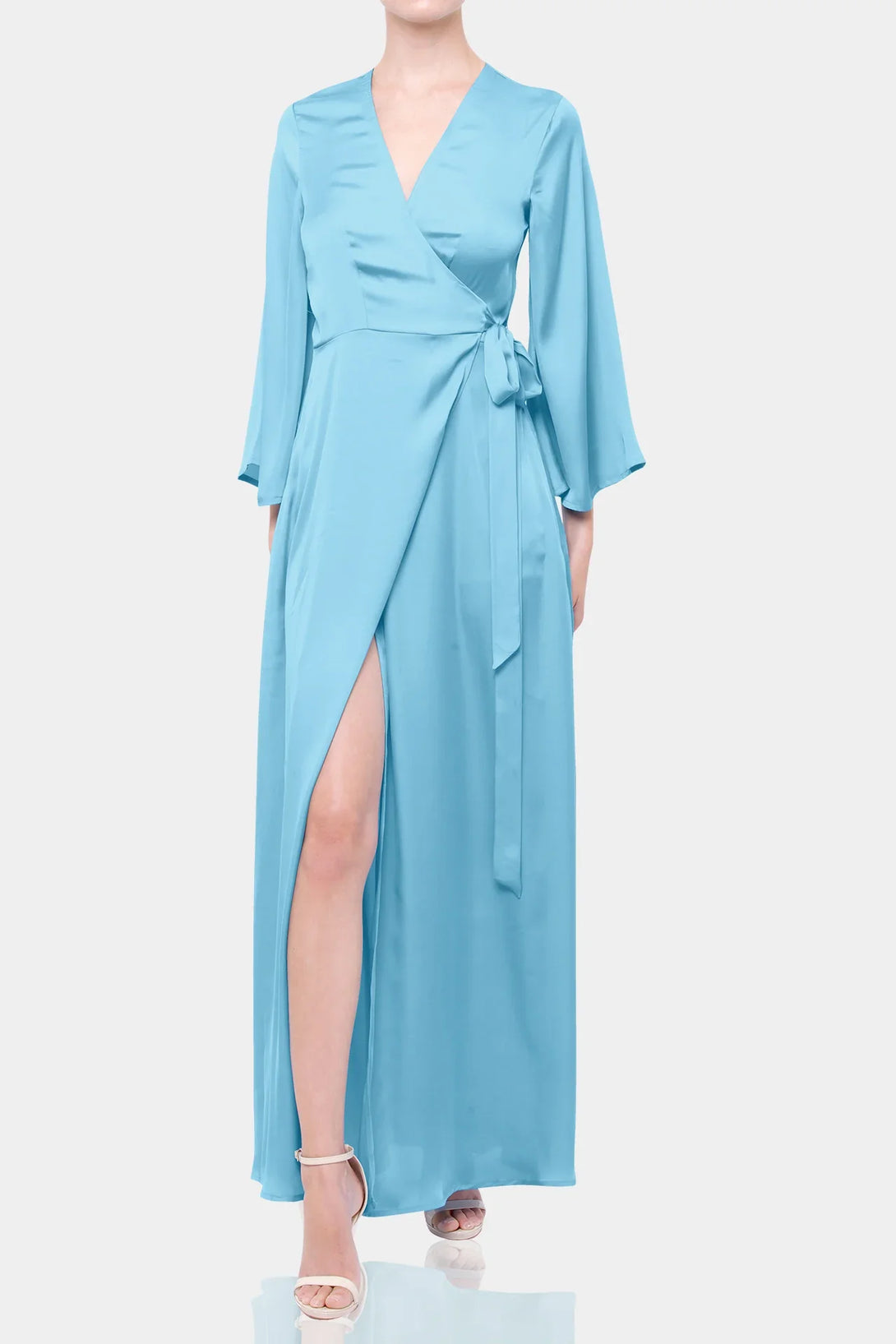 aqua blue silk dress S Aqua Blue Satin Wrap Maxi Dress with Slit – Long Sleeve Evening Dress